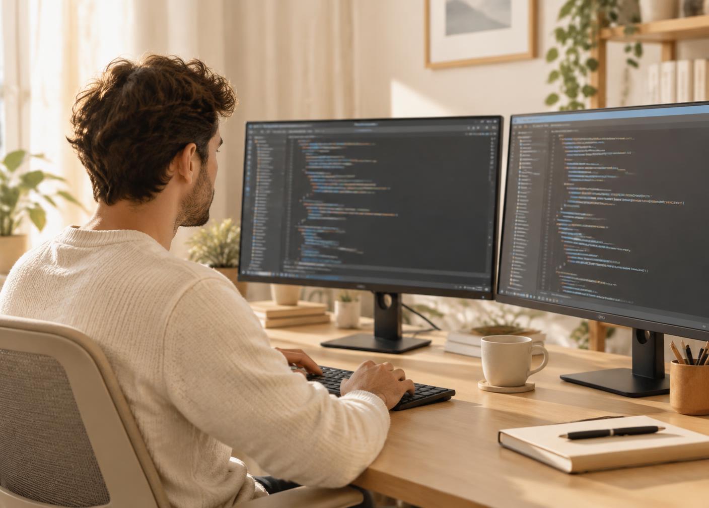 Developer working at a desk with two monitors showing a code editor